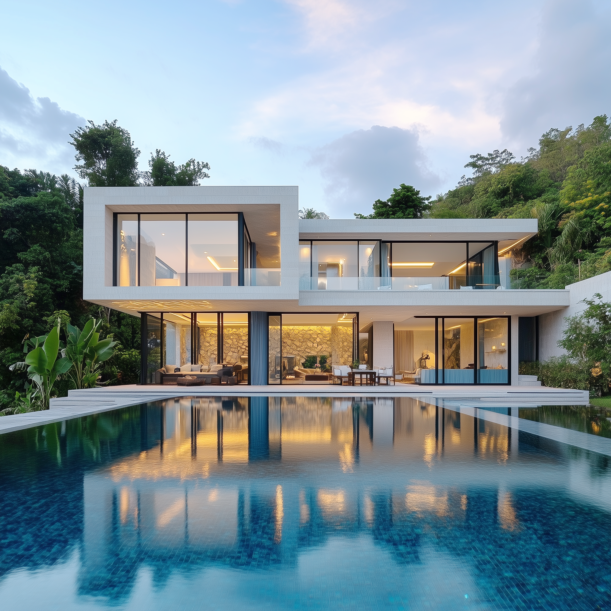 Contemporary Jamaican villa surrounded by tropical landscaping